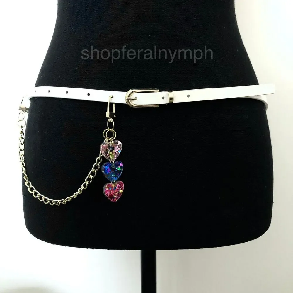 White Y2K Glitter Heart Charm Coquette Chain Belt, Fits 33-35 Inches, X7GA1240